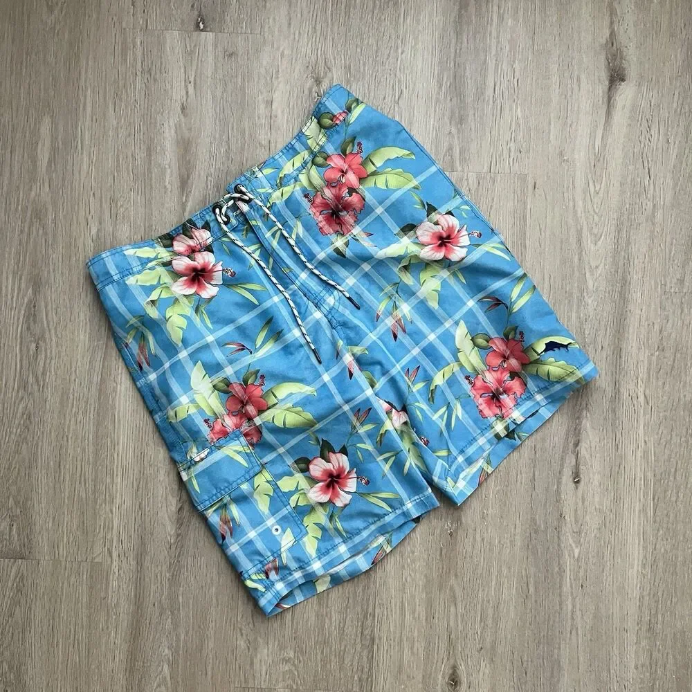 Tommy Bahama Board Shorts Swim Trunks Mens Size M Relax Blue Tropical Floral 9'